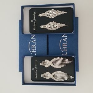 Set of 2 Pairs Chran Silver Teardrop Crystal Tassels Dangle Earrings Sparkling R